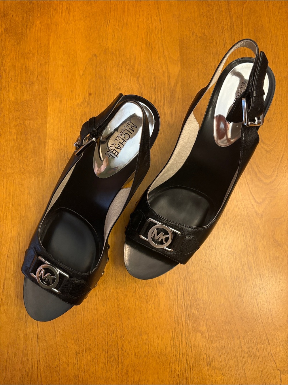 MICHAEL Michael Kors Black Leather Open-Toe Charm Sling Sandal with MK Medallion